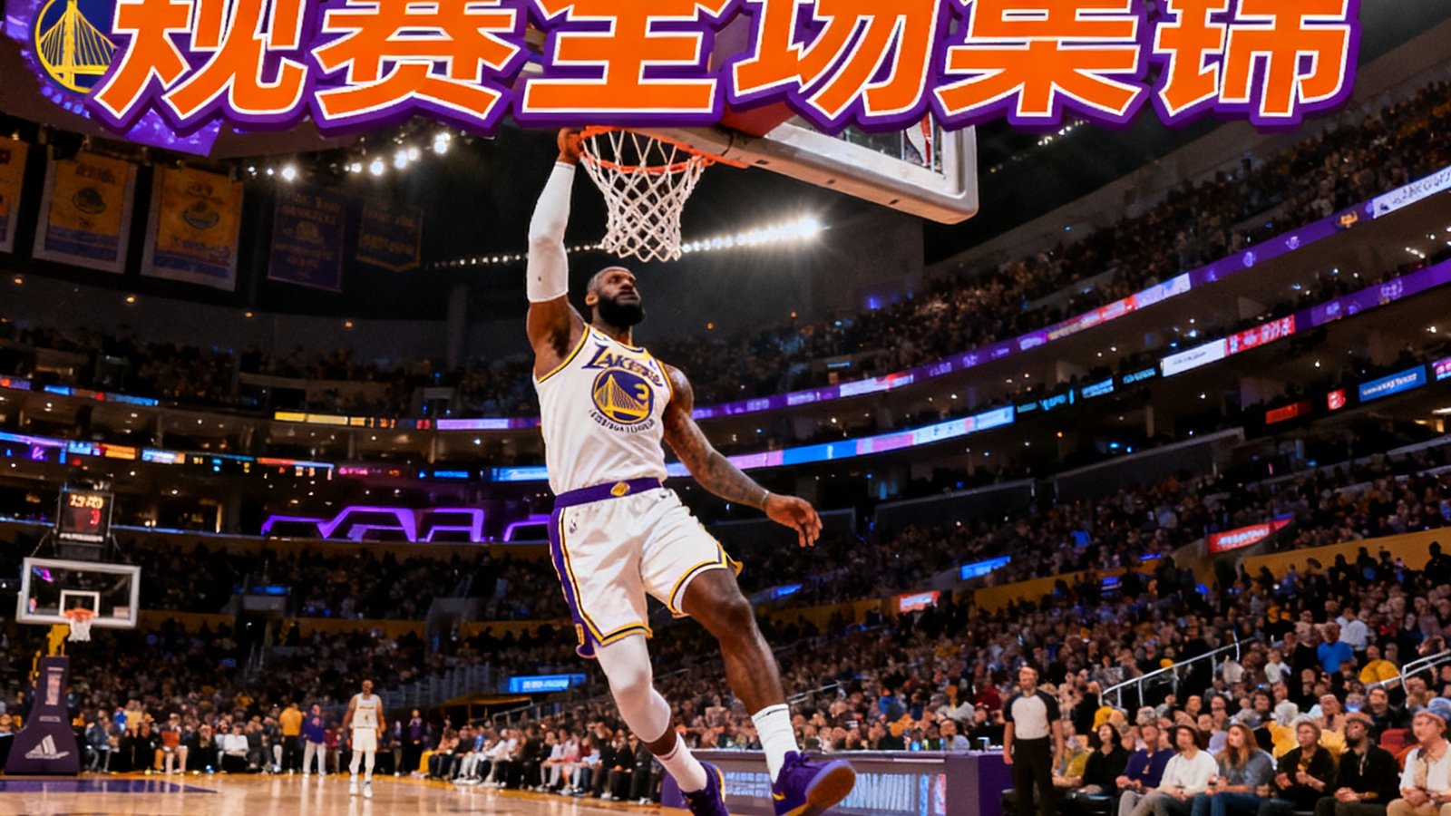 NBA常规赛湖人队对阵勇士队全场集锦视频封面，勒布朗·詹姆斯在快攻中飞身单手扣篮的震撼瞬间，球馆内灯光璀璨，观众席爆满。