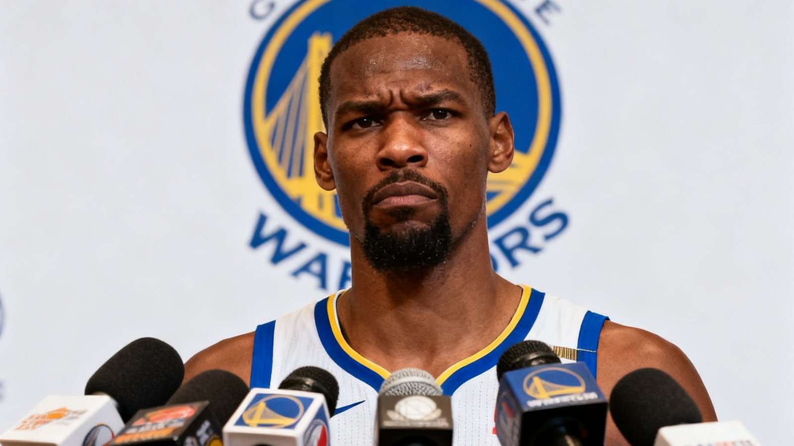 NBA转会新闻配图，一名身穿球衣的篮球运动员在新闻发布会上面对众多麦克风，表情严肃，背景有球队Logo。